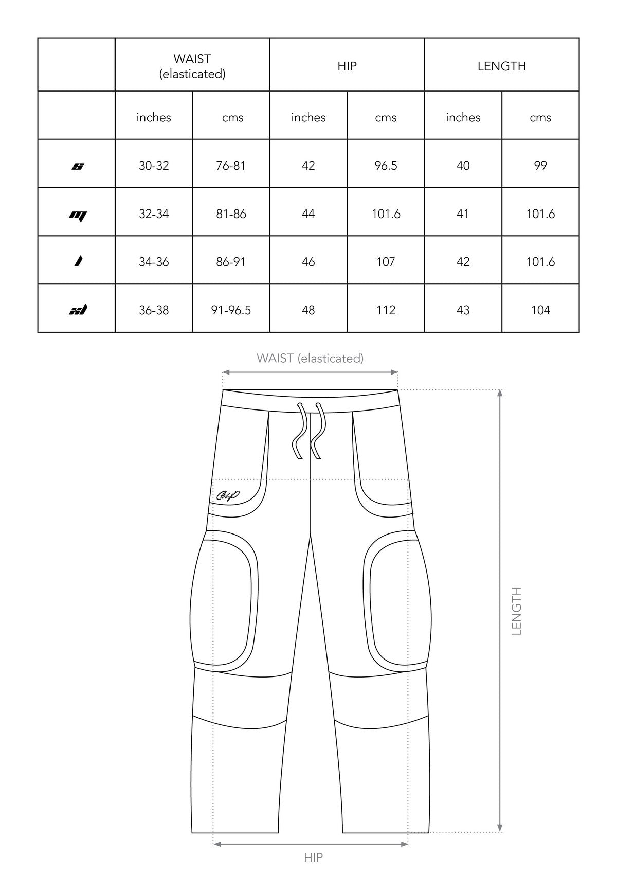 Size chart for ACID WASHED SWEATPANTS