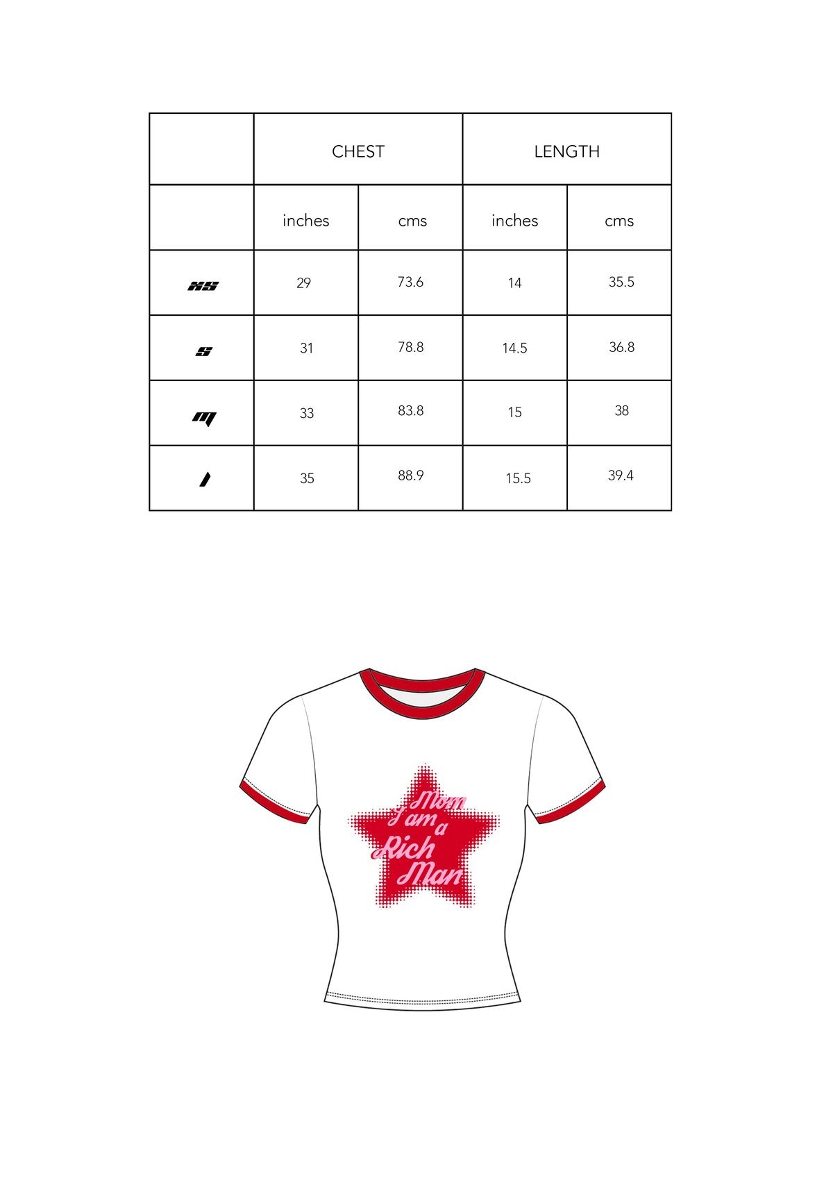Size chart for RICH MAN TEE