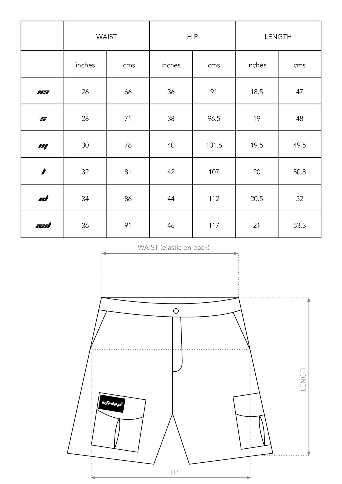 Size chart for QUAD POCKET PINK CO-ORD — Shorts