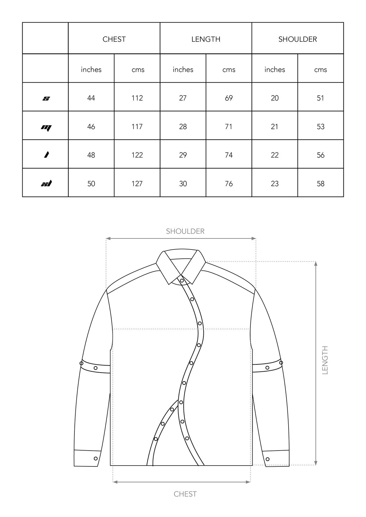 Size chart for SENSITIVE GANGSTER SHIRT
