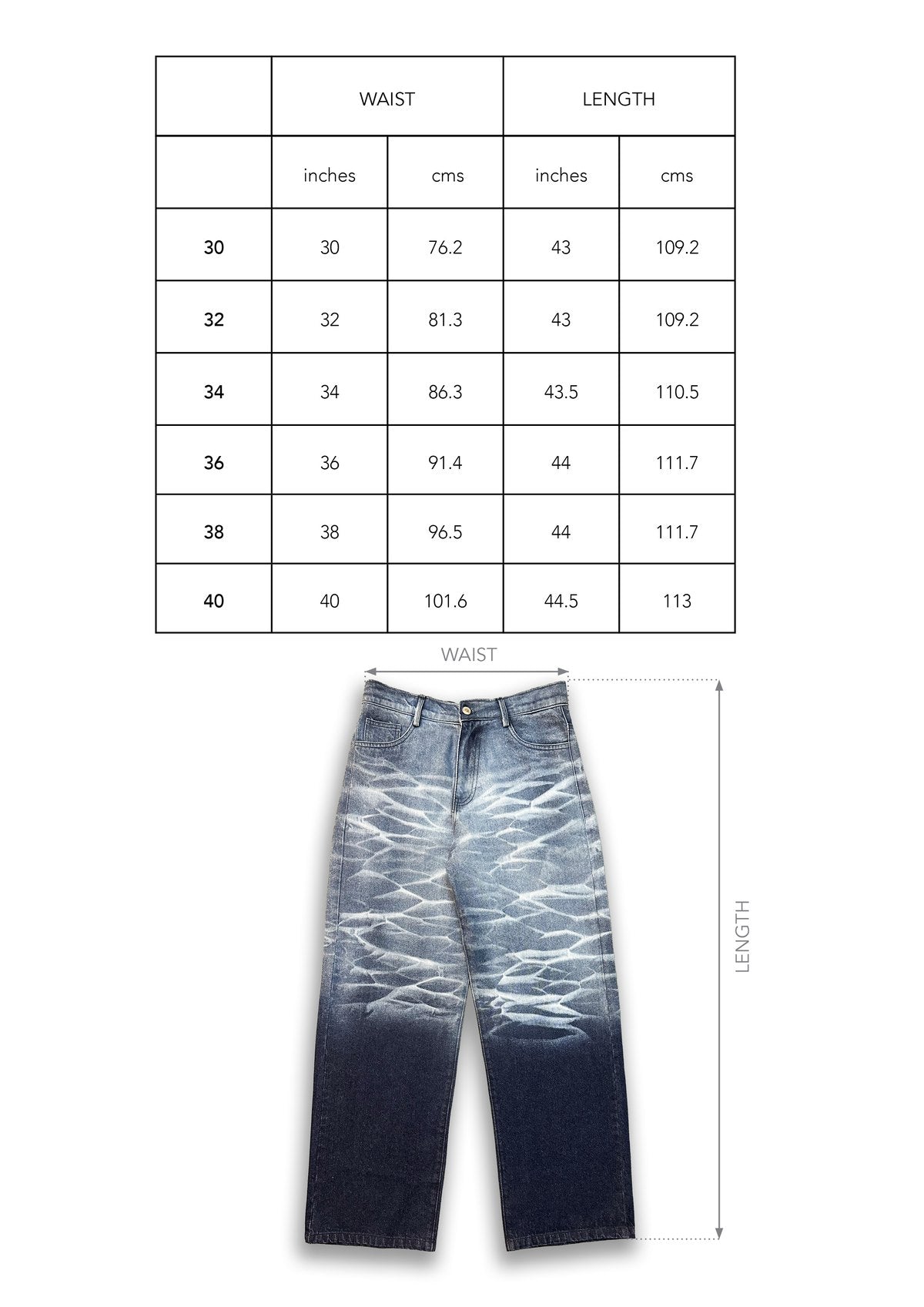 Size chart for TIDAL FADE JEANS