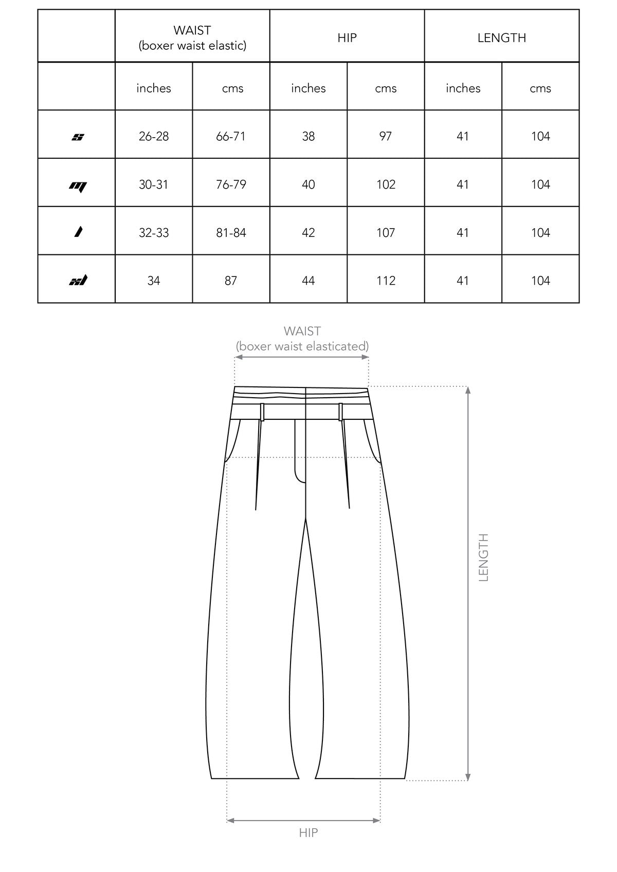 Size chart for BOXER PANTS