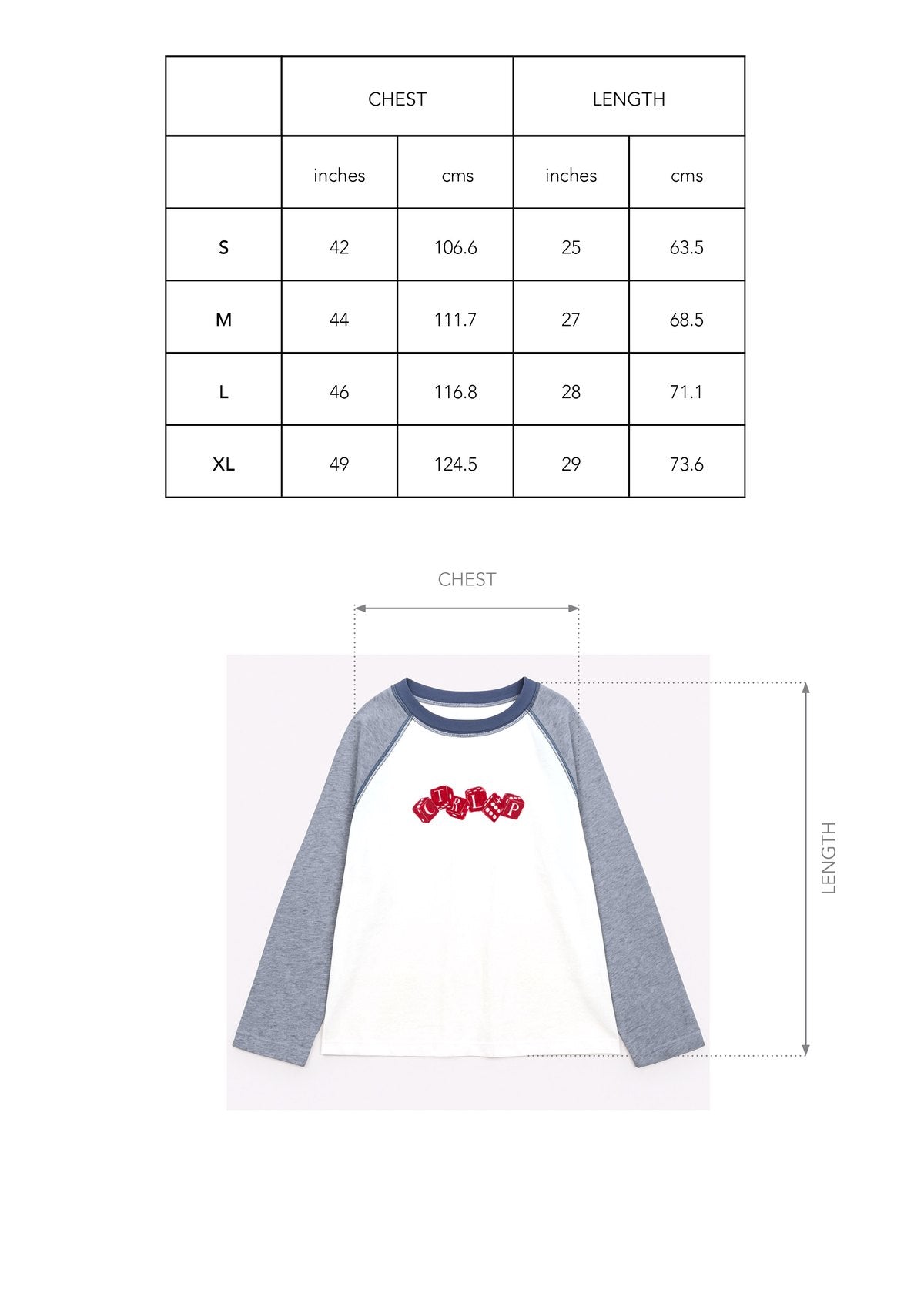 Size chart for LUCKY ME T-SHIRT