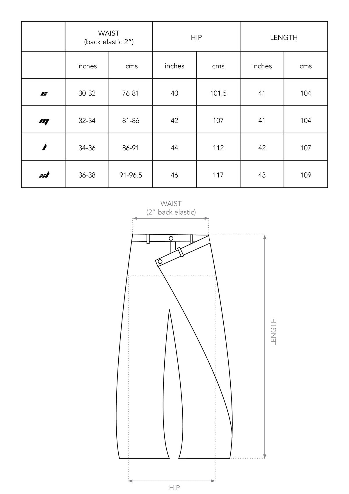 Size chart for FLAP TROUSERS