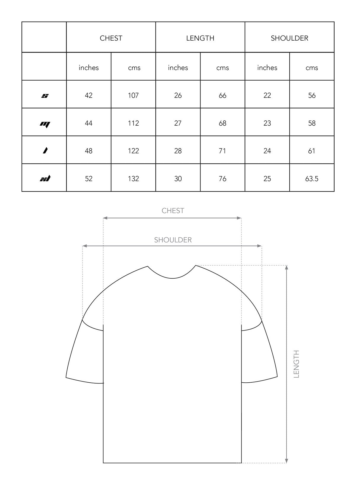 Size chart for DREAMER'S CLUB T-SHIRT