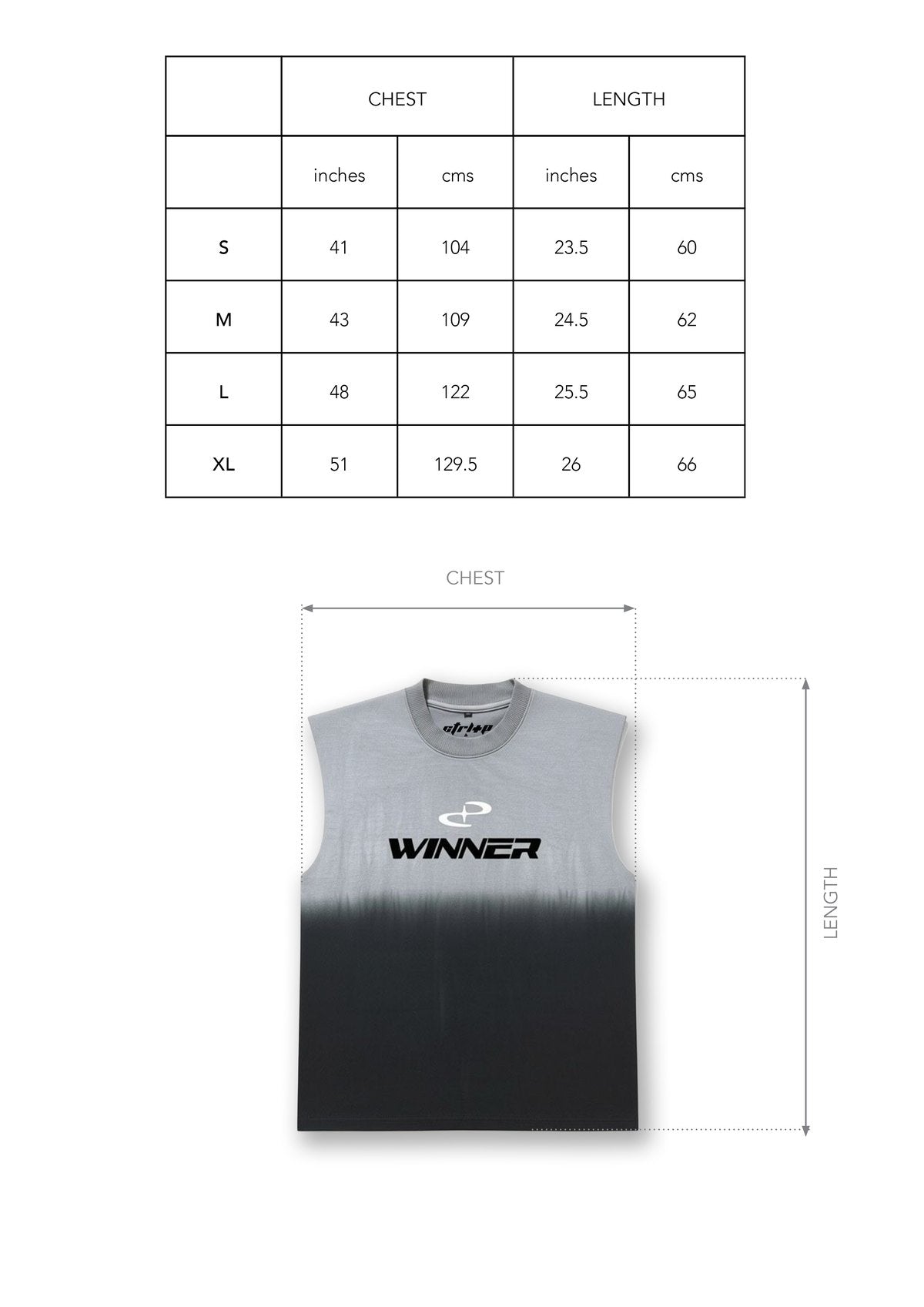 Size chart for WINNER TANK